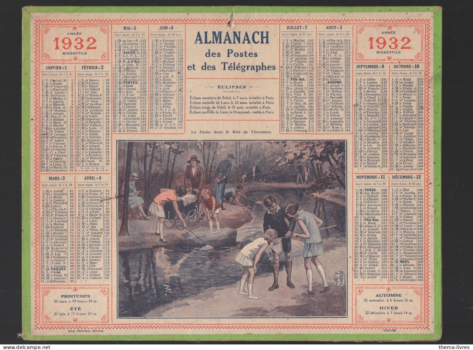 Calendrier PTT  1932 :/imp Oberthur Complet De Ses Feuillets ; (CAL PTT 1932M) - Tamaño Grande : 1921-40