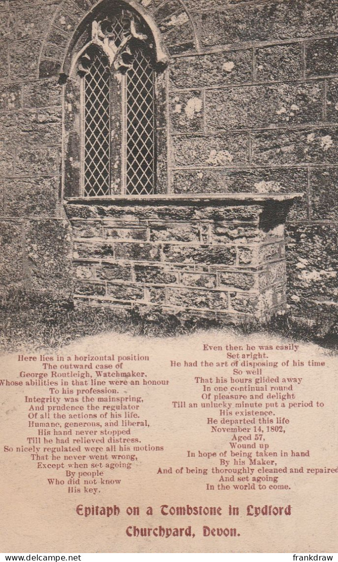 Postcard - Epitaph On A Tomestone In Lydford Churchyard, Devon - Posted 12th May 1907 - Very Good - Unclassified