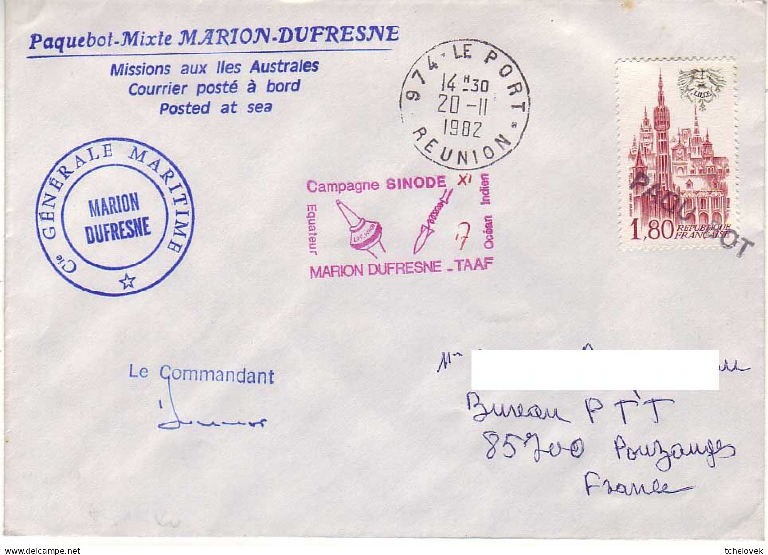 FSAT TAAF Marion Dufresne. 20.11.82 Le Port Reunion Campagne Oceanographique Sinode 11. Arrivee Pouzages - Cartas & Documentos