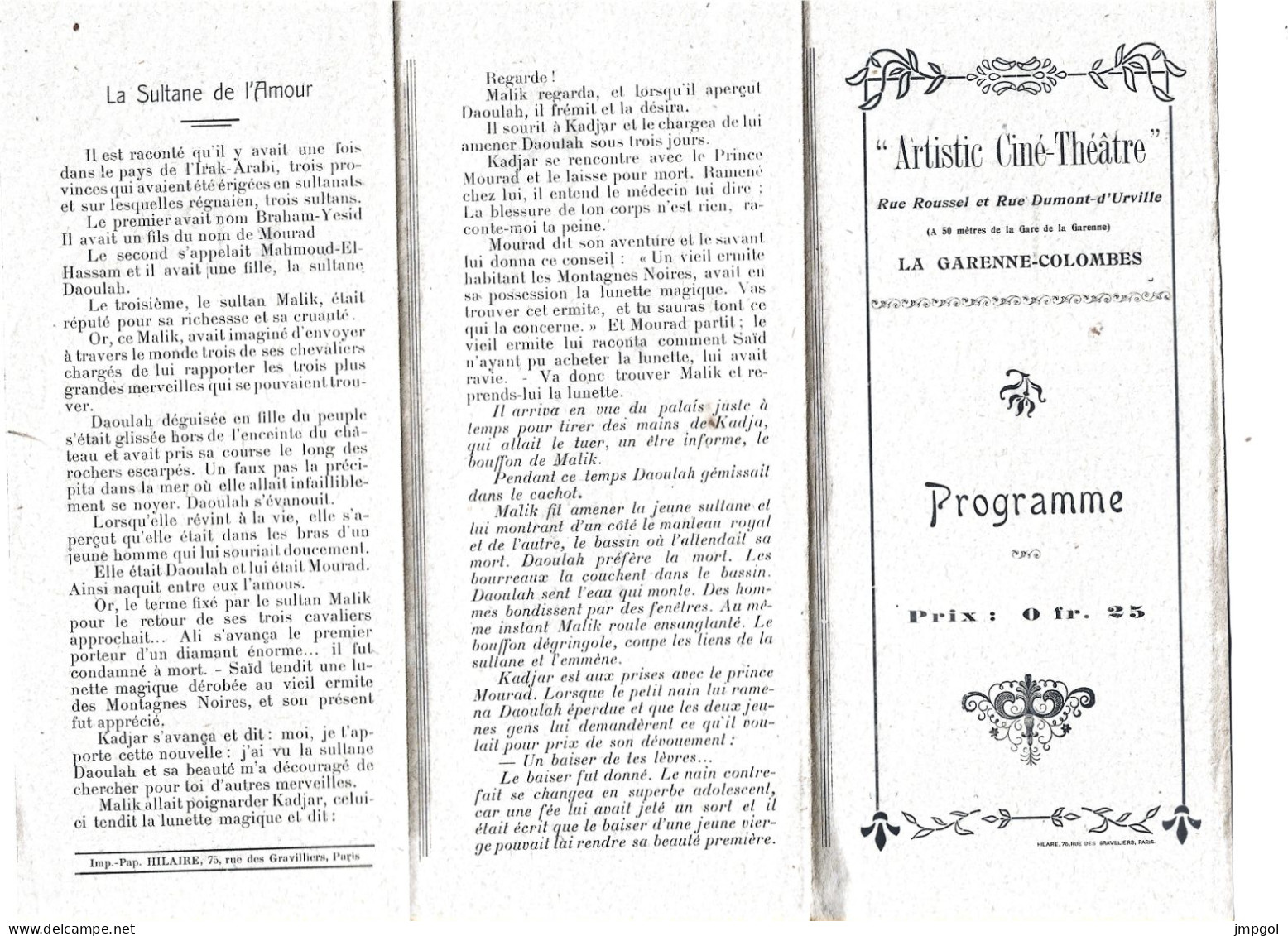 Programme Artistic Ciné Théâtre La Garenne Colombes 1920 Film Muet La Sultane De L'Amour France Dhélia Clément Max - Programme