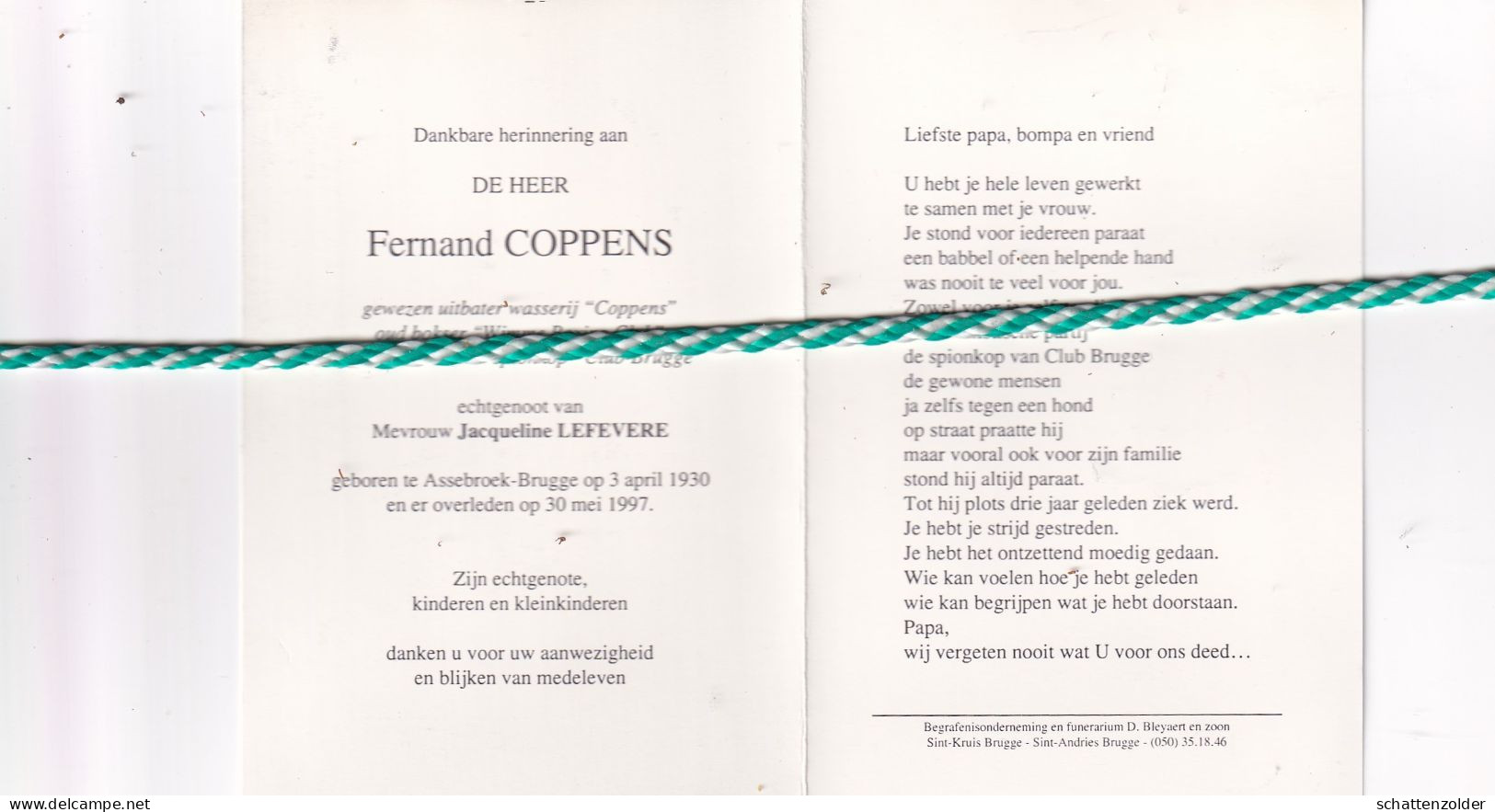 Fernand Coppens-Lefevere, Assebroek-Brugge 1930, 1997. Gewezen Bokser, Animator Spionkop "Club Brugge". Foto - Décès