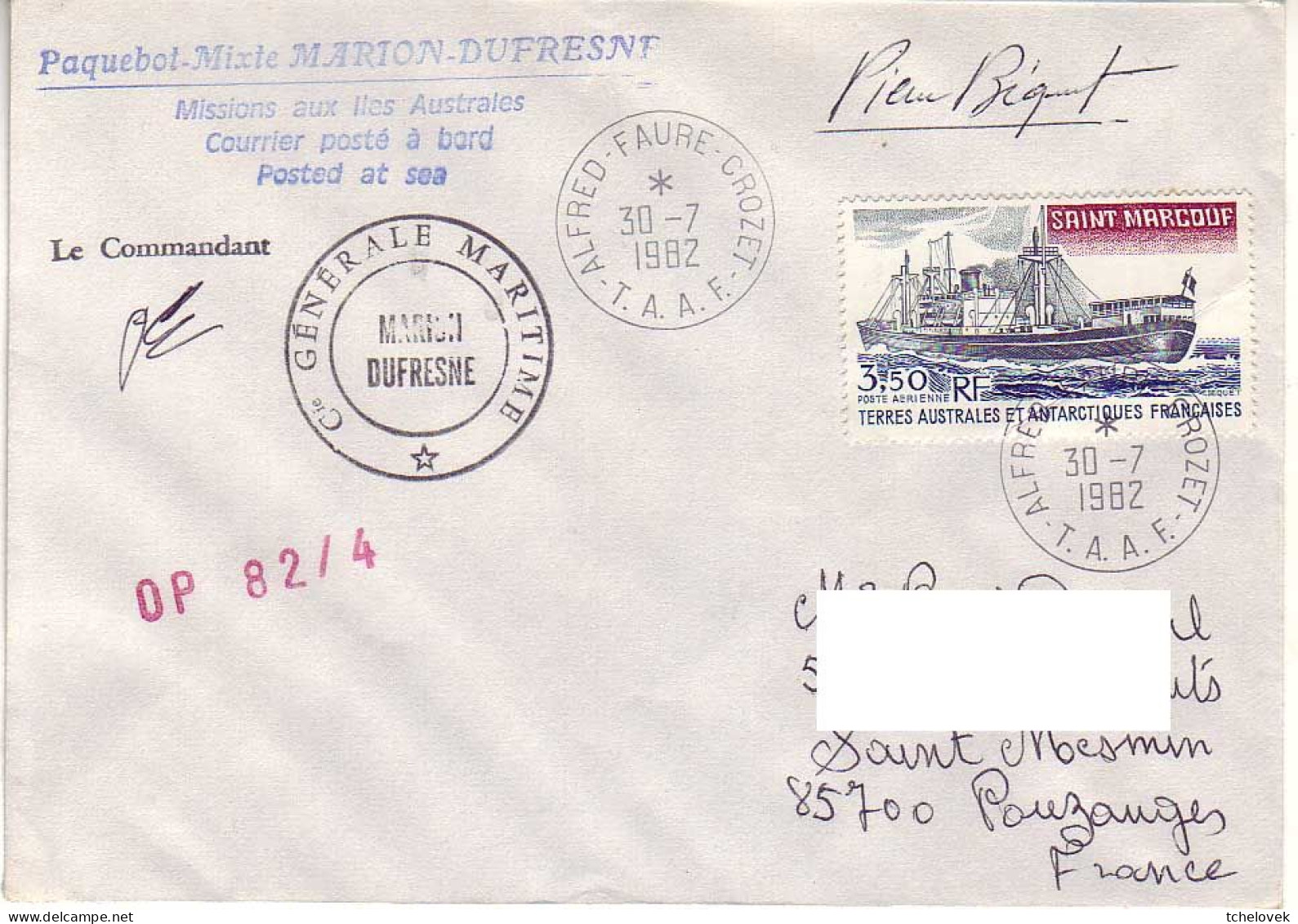 FSAT TAAF Marion Dufresne. 30.07.82 Crozet (1) OP 82/4. Signé Pierre Bequet Au Dos Arrivée Pouzages - Lettres & Documents