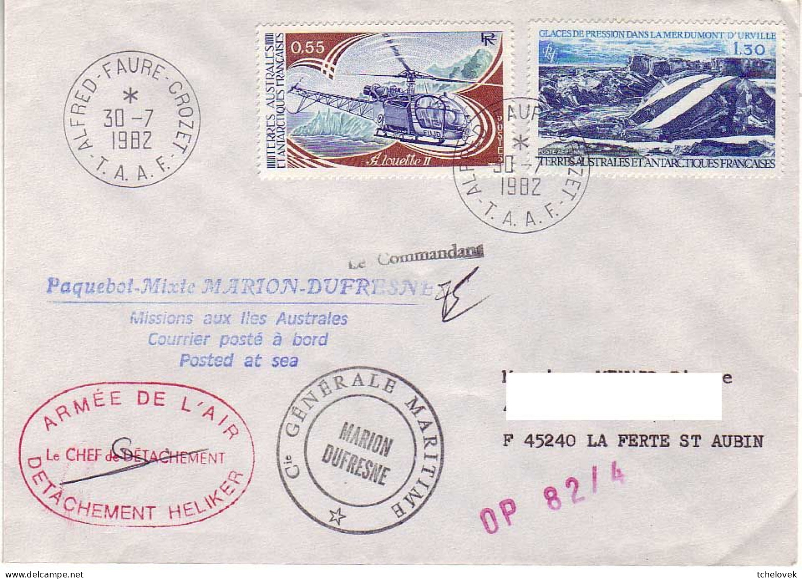 FSAT TAAF Marion Dufresne. 30.07.82 Crozet (2) OP 82/4 Heliker Helicoptere - Cartas & Documentos