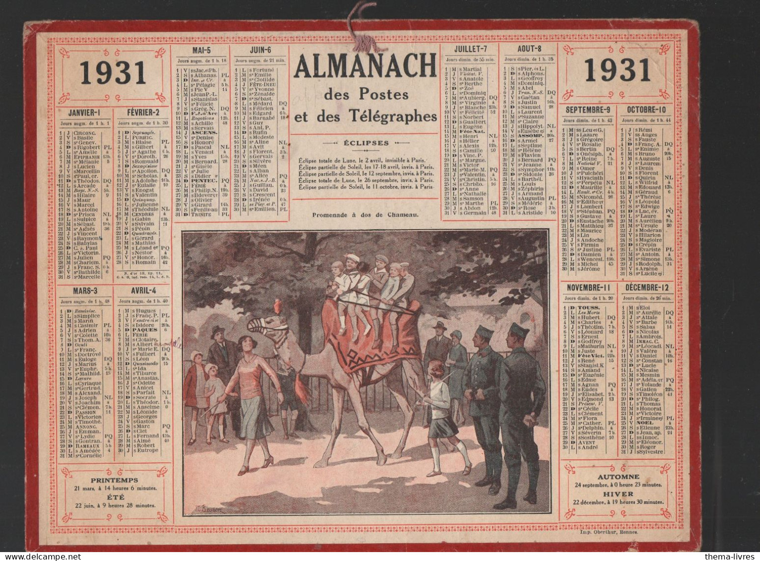 Calendrier PTT  1931 :/imp Oberthur Sans Ses Feuillets ; (CAL PTT 19312M) - Tamaño Grande : 1921-40