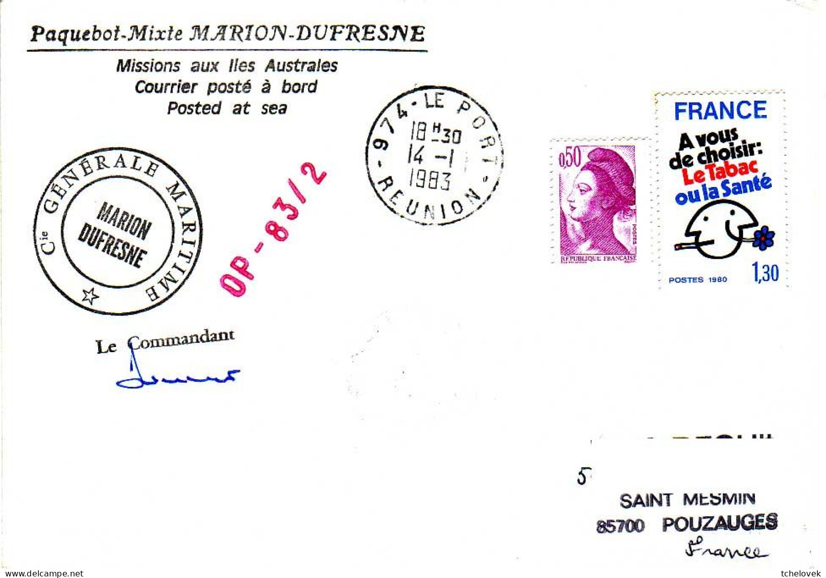 FSAT TAAF Marion Dufresne. 14.01.83 Le Port Reunion Op 83/2 - Cartas & Documentos