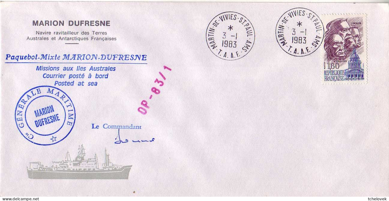 FSAT TAAF Marion Dufresne. 03.01.83 SPA Op 83/1. Pli Illustré - Storia Postale