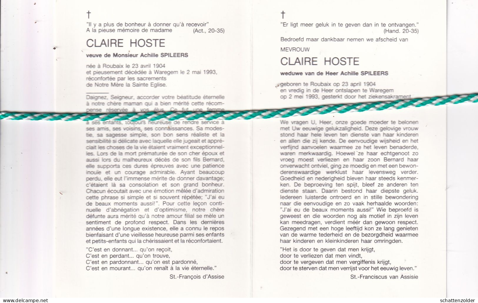 Claire Hoste-Spileers, Roubaix 1904, Waregem 1993. Foto - Décès
