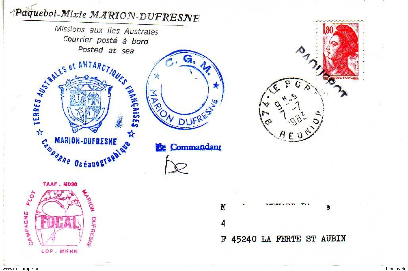 FSAT TAAF Marion Dufresne. 07.07.83 Le Port Reunion Campagne Oceanographique MD 36 FOCAL - Covers & Documents