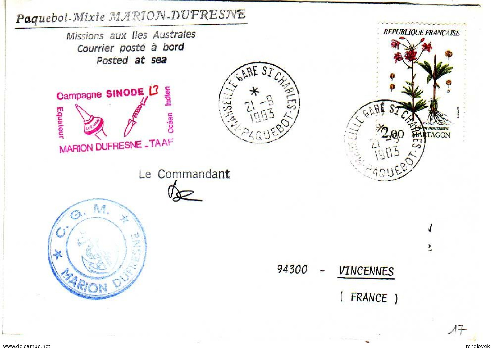 FSAT TAAF Marion Dufresne. 21.09.83 Marseille Campagne Oceanographique Sinode 13 - Lettres & Documents