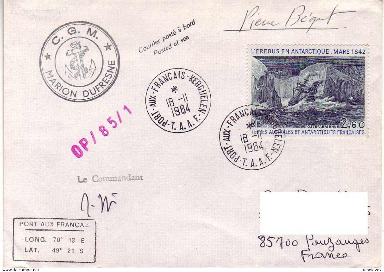 FSAT TAAF Marion Dufresne. 18.11.84 Kerguelen OP 85/1 Autographe De Pierre Bequet Graveur Rare - Cartas & Documentos