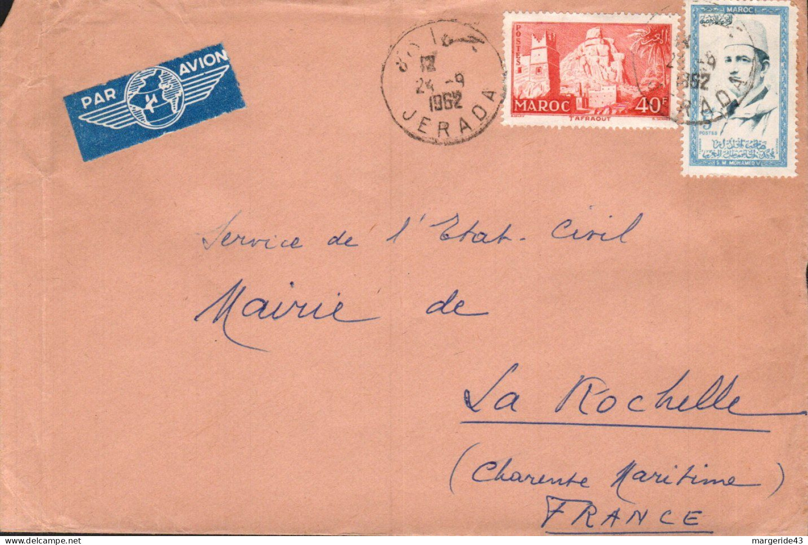 MAROC AFFRANCHISSEMENT COMPOSE SUR LETTRE DE JERADA POUR LA FRANCE 1962 - Morocco (1956-...)