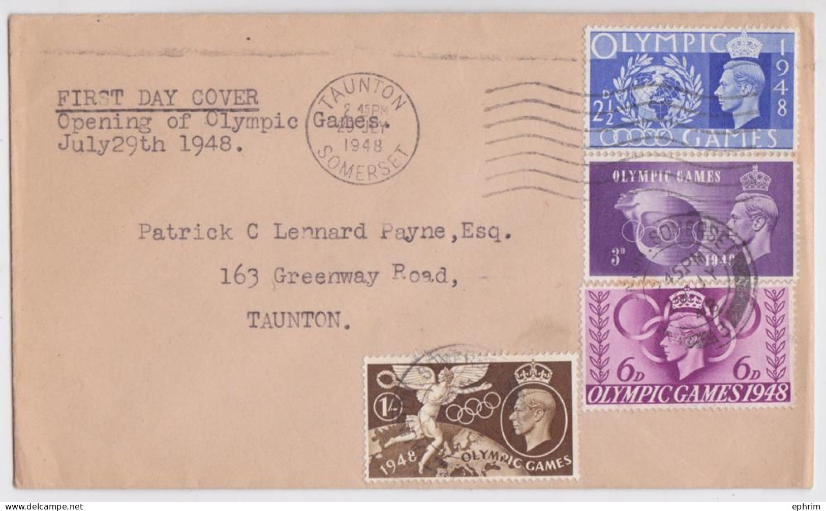 Taunton Somerset First Day Cover Opening Of Olympic Games London July 29th 1948 King George Complete Stamp Set FDC JO - Zomer 1948: Londen