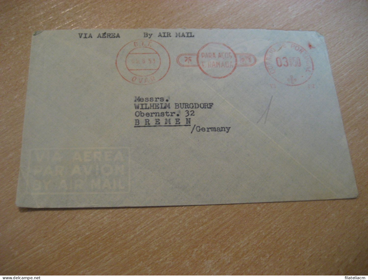 OVAR 1953 To Bremen Germany Para Aços F. Ramada Meter Mail Air Cancel Cover PORTUGAL - Briefe U. Dokumente