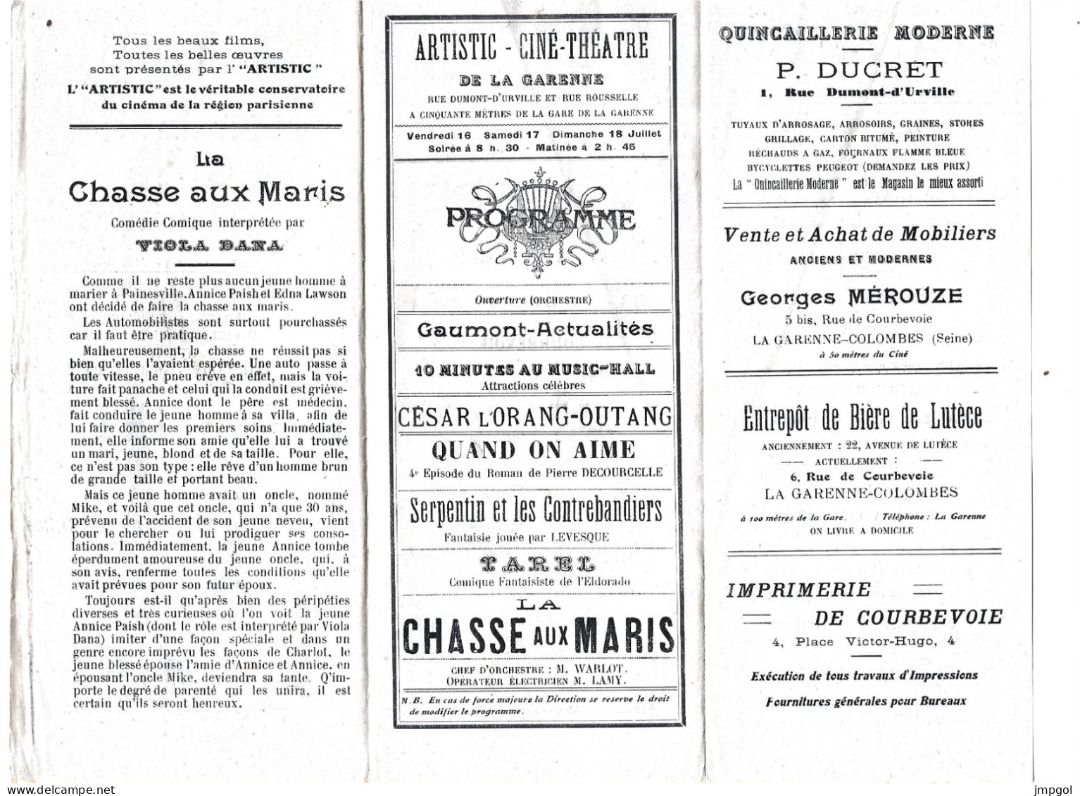 Programme Artistic Ciné Théâtre La Garenne Colombes 1920 Film Muet La Chasse Aux Maris Viola Dana Levesque Tarel Gaumont - Programma's