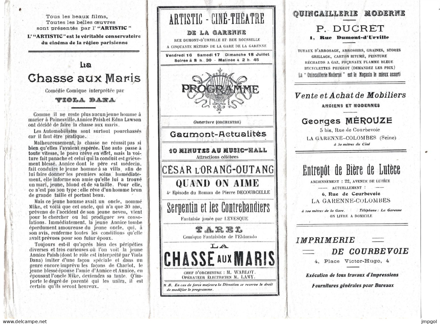 Programme Artistic Ciné Théâtre La Garenne Colombes 1920 Film Muet La Chasse Aux Maris Viola Dana Levesque Tarel Gaumont - Programs