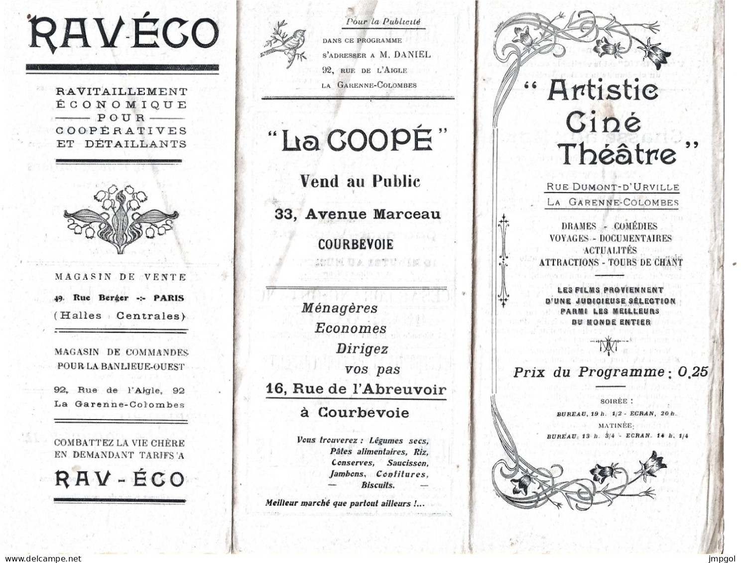 Programme Artistic Ciné Théâtre La Garenne Colombes 1920 Film Muet La Chasse Aux Maris Viola Dana Levesque Tarel Gaumont - Programma's