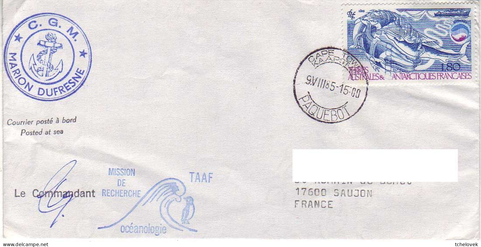 FSAT TAAF Marion Dufresne. 09.08.85 Cap Town Le Cap - Briefe U. Dokumente