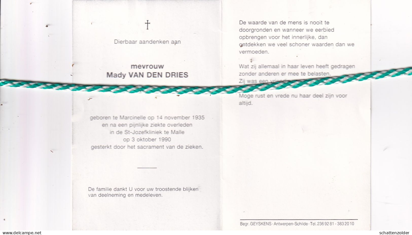 Mady Van Den Dries, Marcinelle 1935, Malle 1990. Foto - Todesanzeige