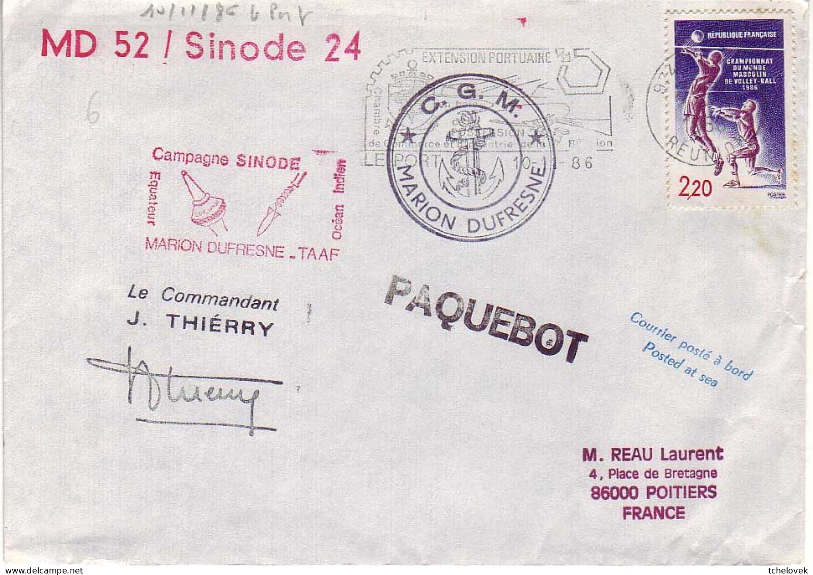 FSAT TAAF Marion Dufresne. 10.11.86 Le Port Reunion Campagne Oceanographique MD 52 Sinode 24 - Cartas & Documentos