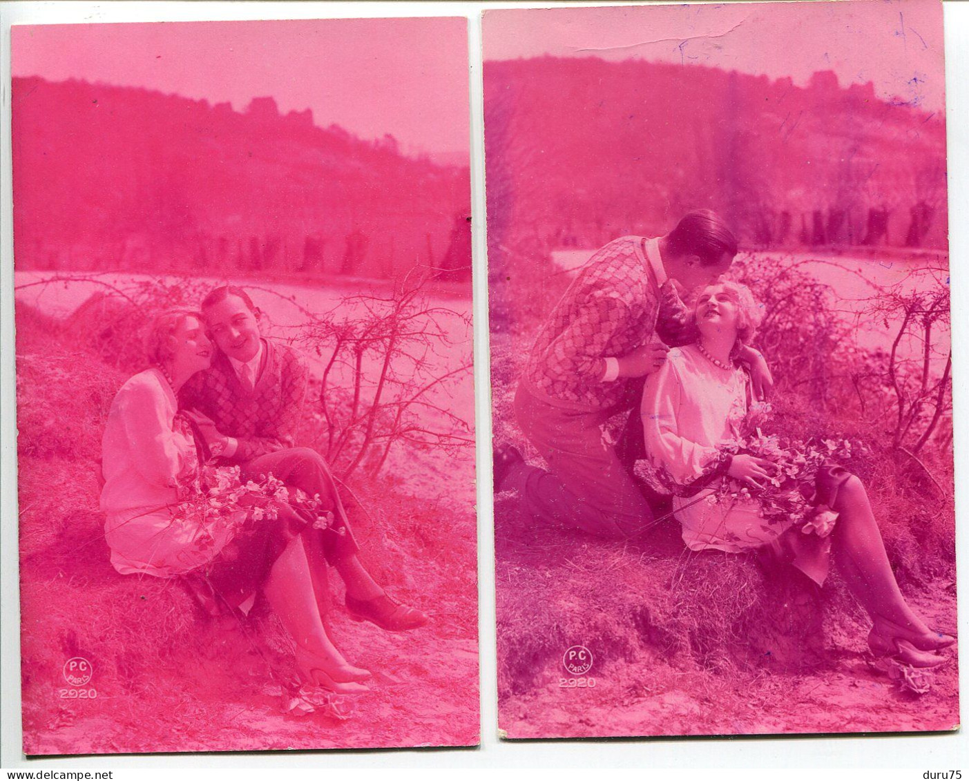 LOT 2 CPA De Couleur ROSE Ecrites En 1929 * Jeune Couple Amoureux Dans Paysage De Campagne - Paare