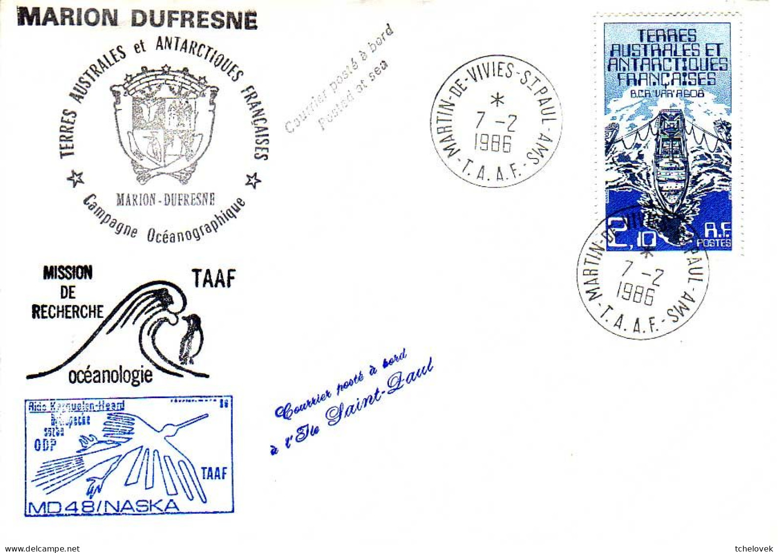 FSAT TAAF Marion Dufresne. 07.02.86 SPA Campagne Oceanographique MD 48 NASKA - Lettres & Documents