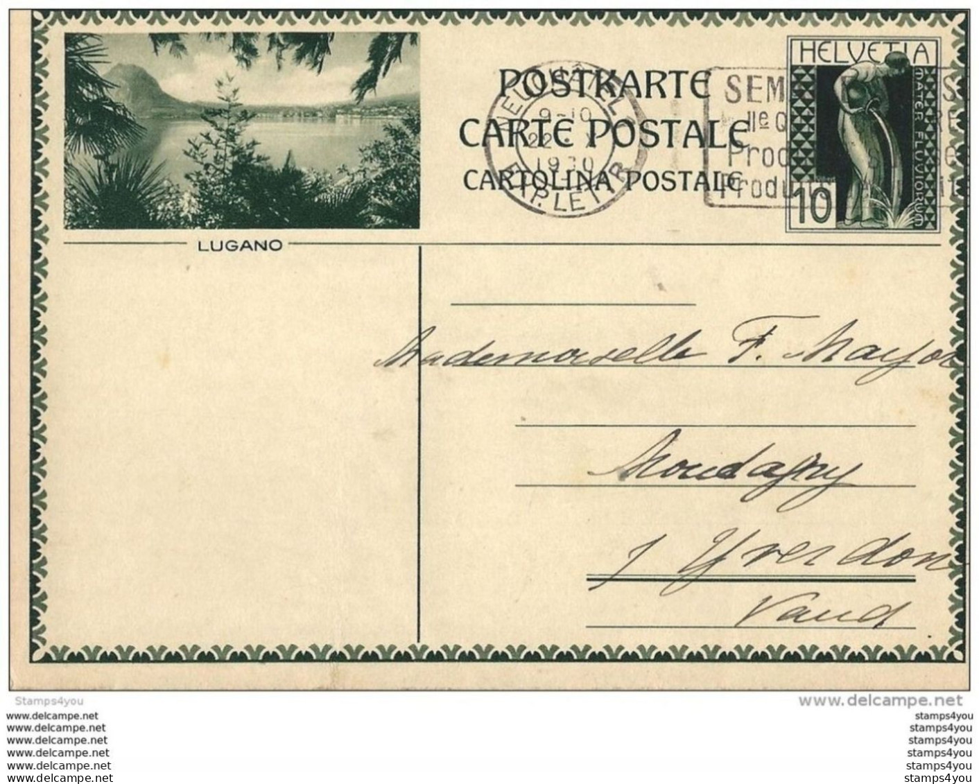 27-82 - Entier Postal Avec Illustration  Lugano - Oblit Mécanique 1930 - Stamped Stationery