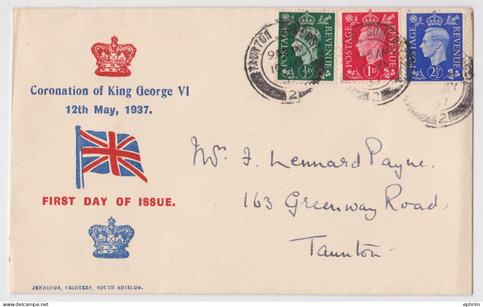 Taunton Somerset First Day Cover FDC Coronation Of King George VI 12th May 1937 Stamp Issue - Storia Postale