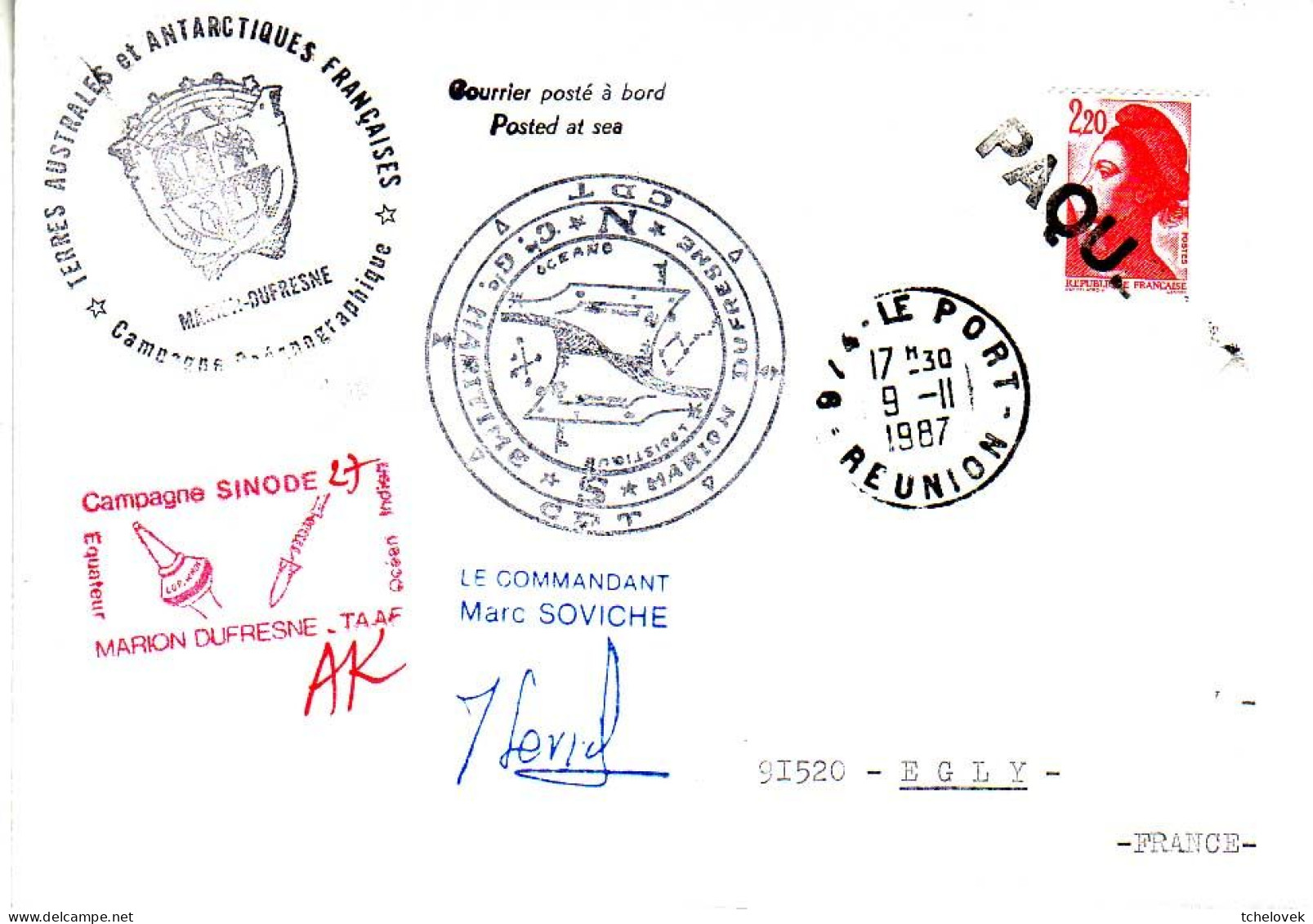 FSAT TAAF Marion Dufresne. 09.11.87 Le Port Runion Campagne Oceanographique SINODE 27 - Storia Postale