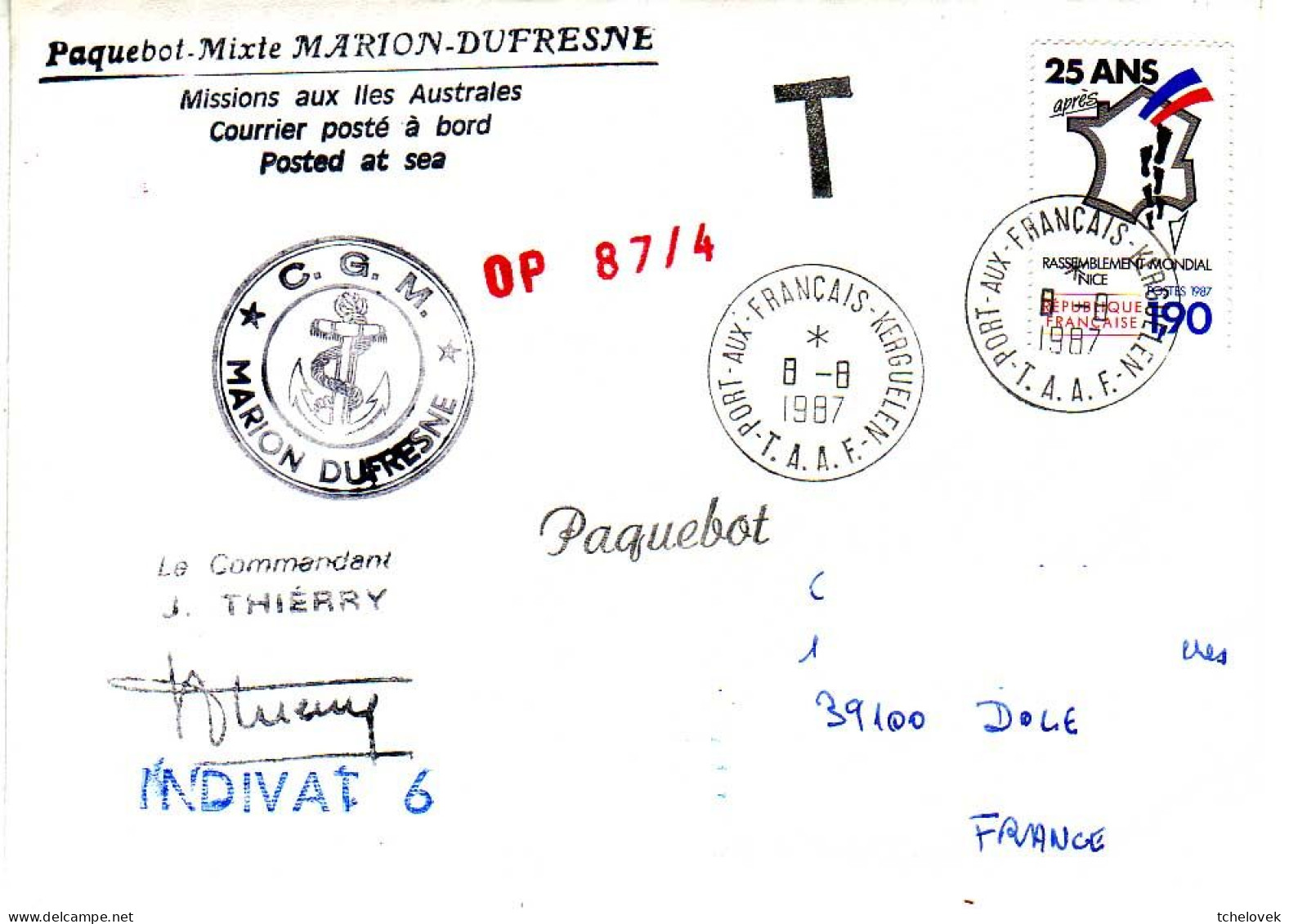 FSAT TAAF Marion Dufresne. 08.08.87 Kerguelen (2) OP 87/4 Taxé - Lettres & Documents