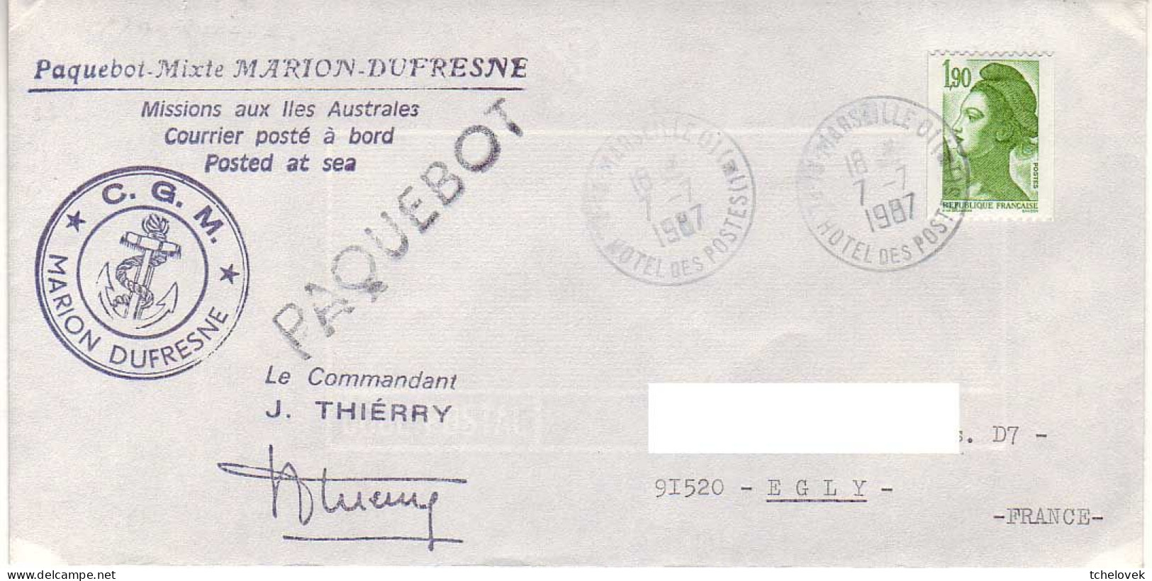 FSAT TAAF Marion Dufresne. 07.07.87 Marseille - Briefe U. Dokumente