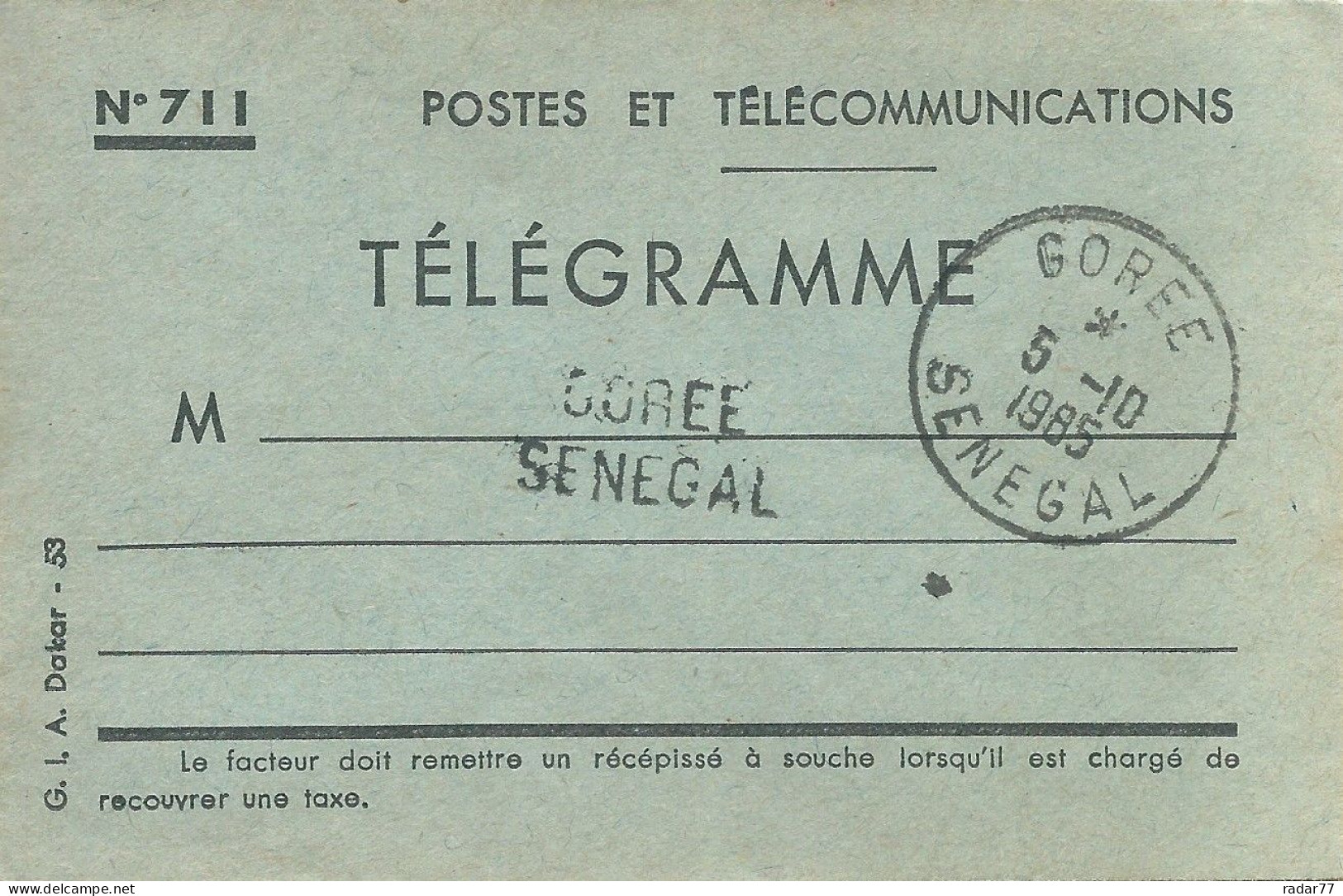 Sénégal Enveloppe Télégramme - Cachet  De Gorée - 05/101985 - Senegal (1960-...)