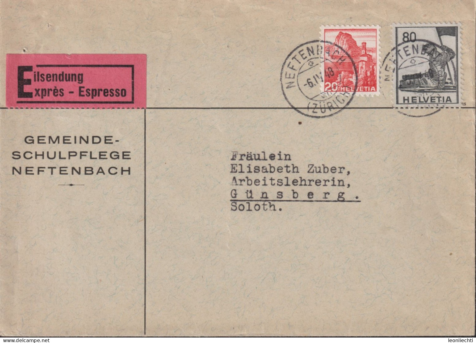 1948 Schweiz, Exprès-Brief, Zum:CH 215y+246,Mi:CH 327y+380,San Salvatore + Sterbender Krieger, - Cartas & Documentos