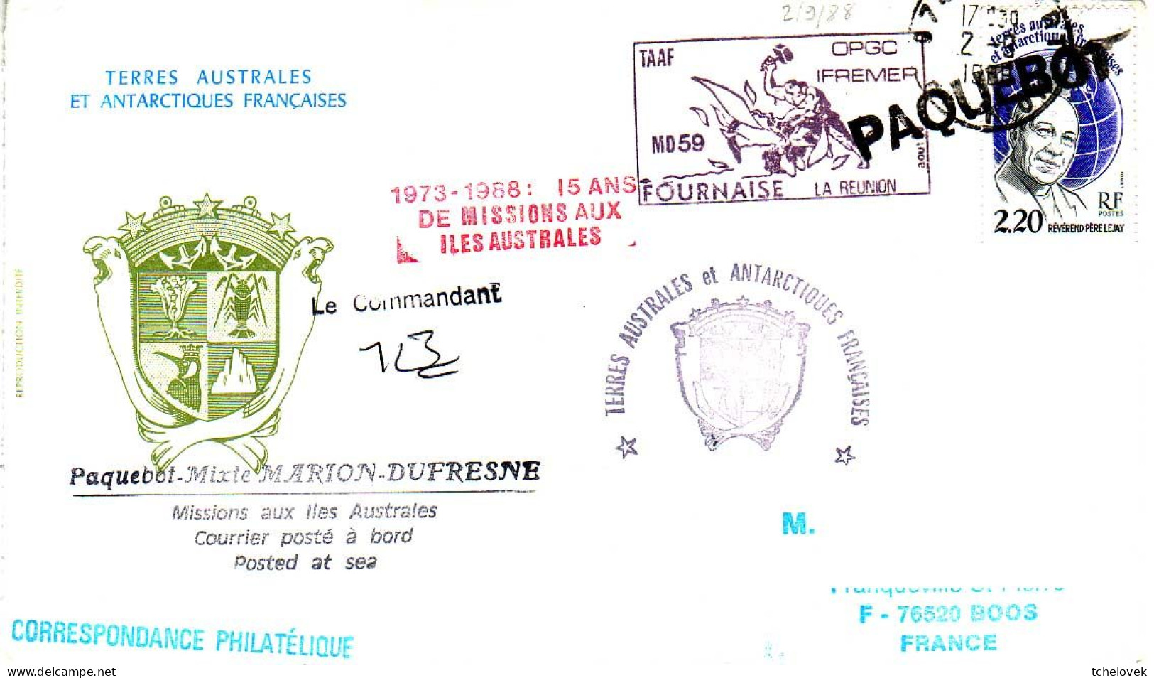 FSAT TAAF Marion Dufresne. 02.09.88 Le Port Reunion Campagne Oceanographique MD 59 Fournaise - Storia Postale