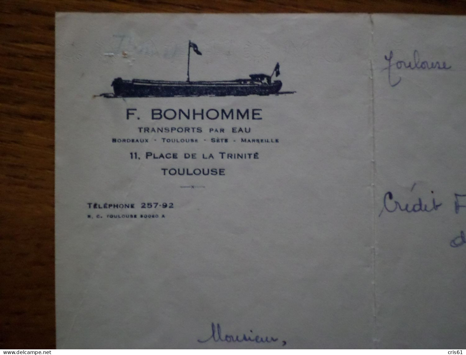 31 TOULOUSE - Courrier F. BONHOMME, Transports Par Eau, Bordeaux Toulouse Sète Marseille, Septembre 1937 - 1900 – 1949