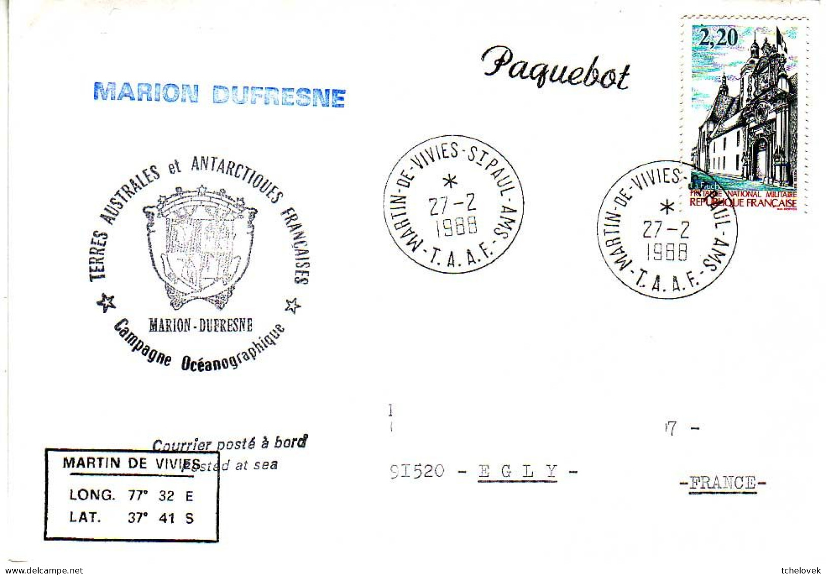 FSAT TAAF Marion Dufresne. 27.02.88 SPA - Covers & Documents