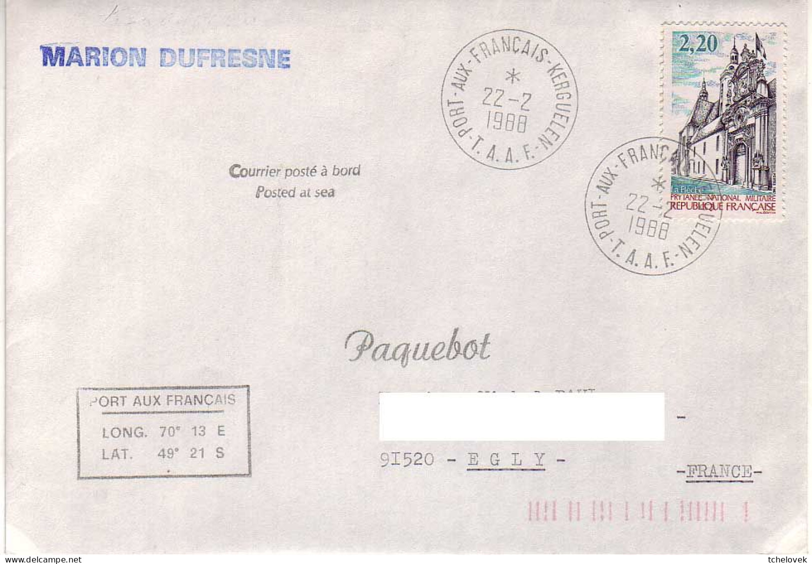 FSAT TAAF Marion Dufresne. 22.02.88 Kerguelen - Cartas & Documentos