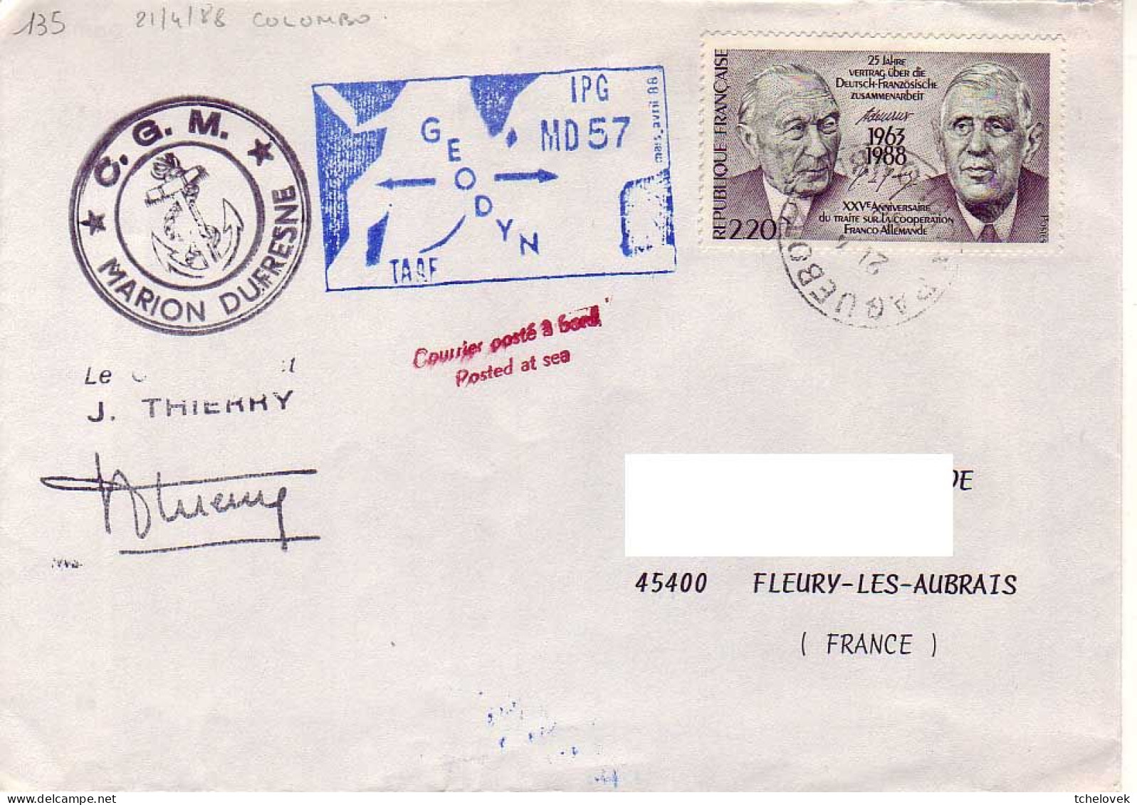 FSAT TAAF Marion Dufresne. 21.04.88 Colombo Campagne Oceanographique MD 57 Geodyn - Briefe U. Dokumente
