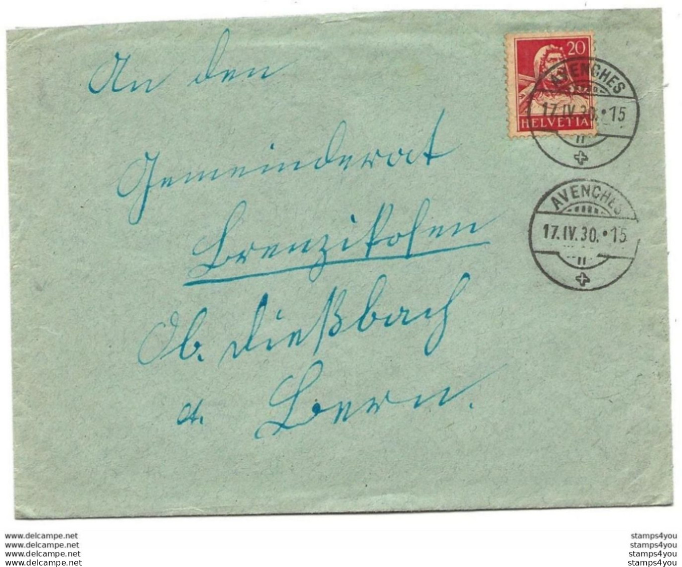 VD - 78 - Enveloppe Avec Superbes Cachets à Date Avenches 1930 - Lettres & Documents