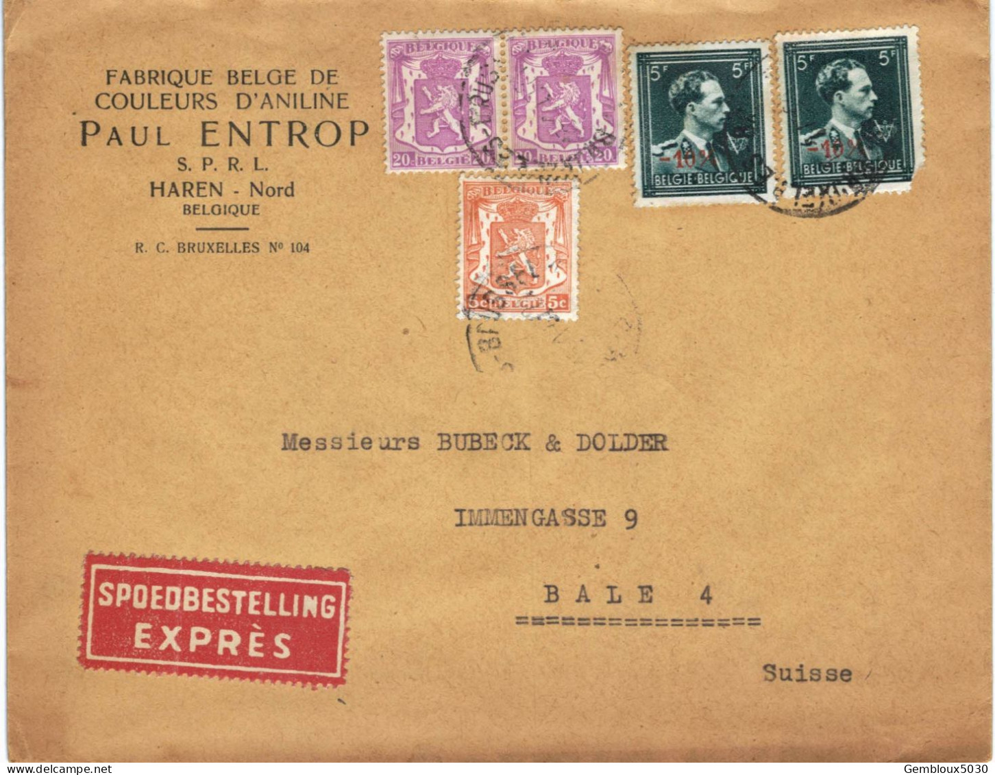 (01) Belgique 1 X N° 419 + 2 X 422 + 2 X 696  Sur Enveloppe écrite De Bruxelles Vers Bâle Suisse En Express - 1935-1949 Kleines Staatssiegel