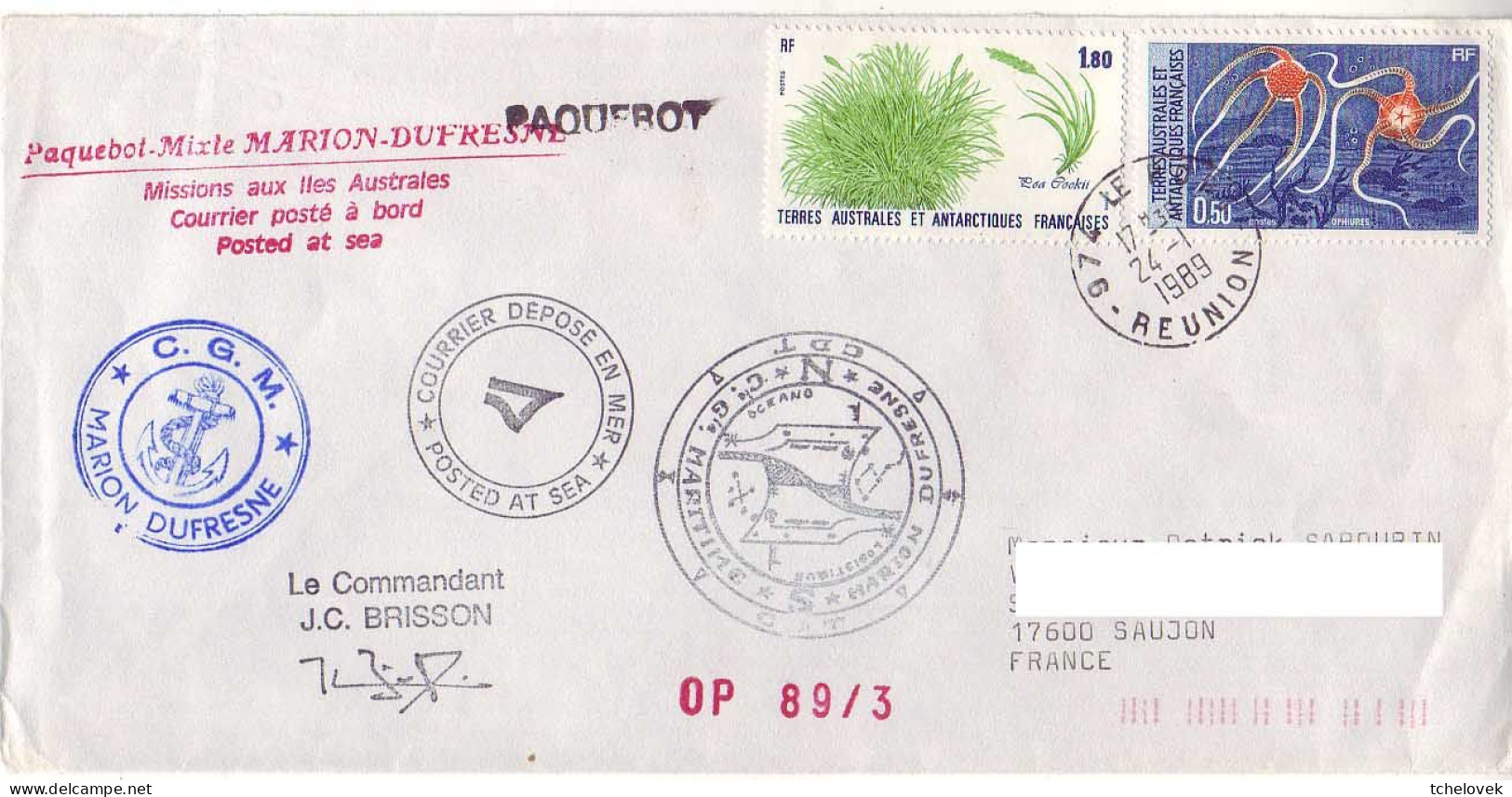 FSAT TAAF Marion Dufresne. 24.01.89 Le Port Reunion - Cartas & Documentos