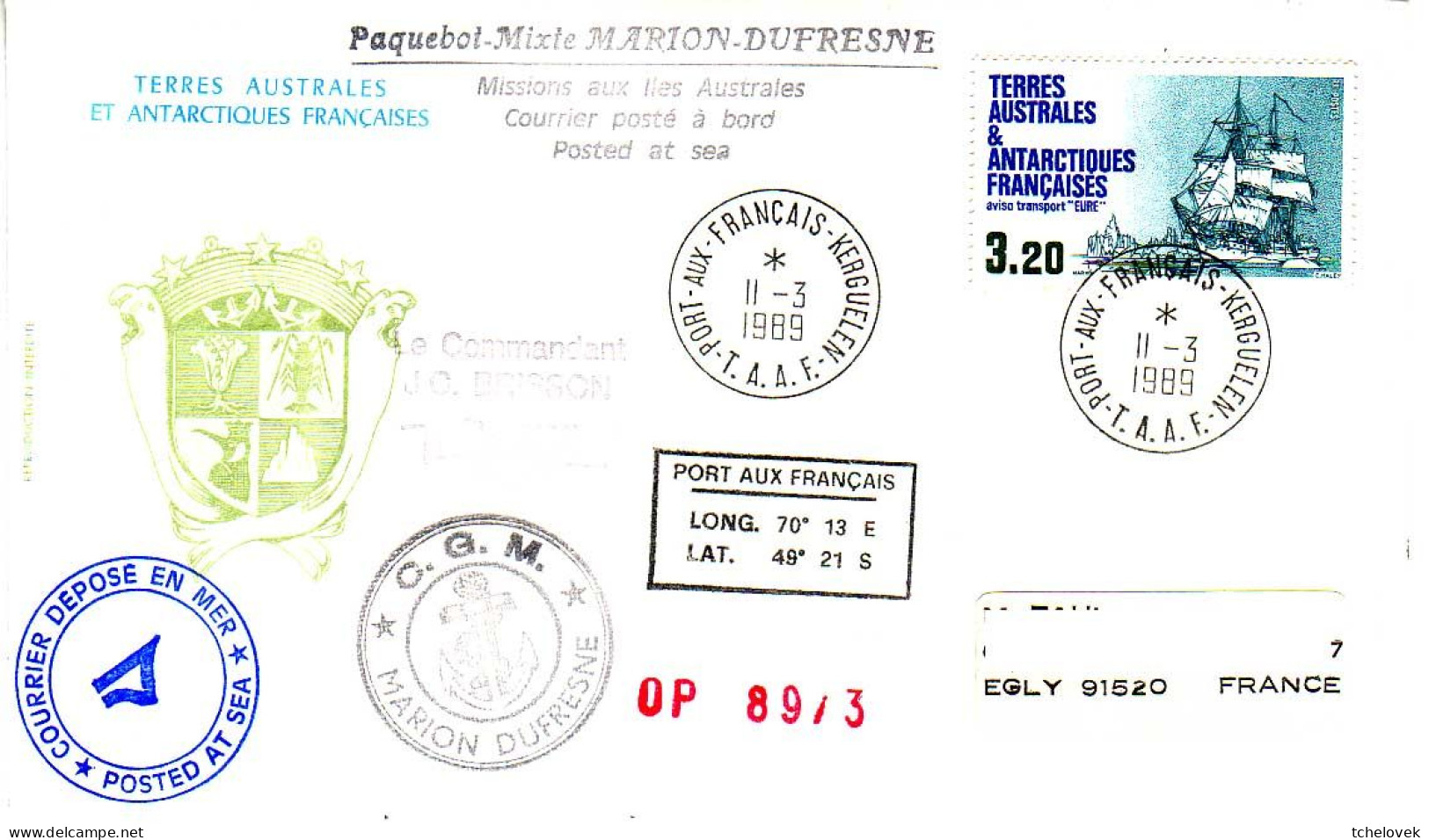 FSAT TAAF Marion Dufresne. 11.03.89 Kerguelen - Lettres & Documents