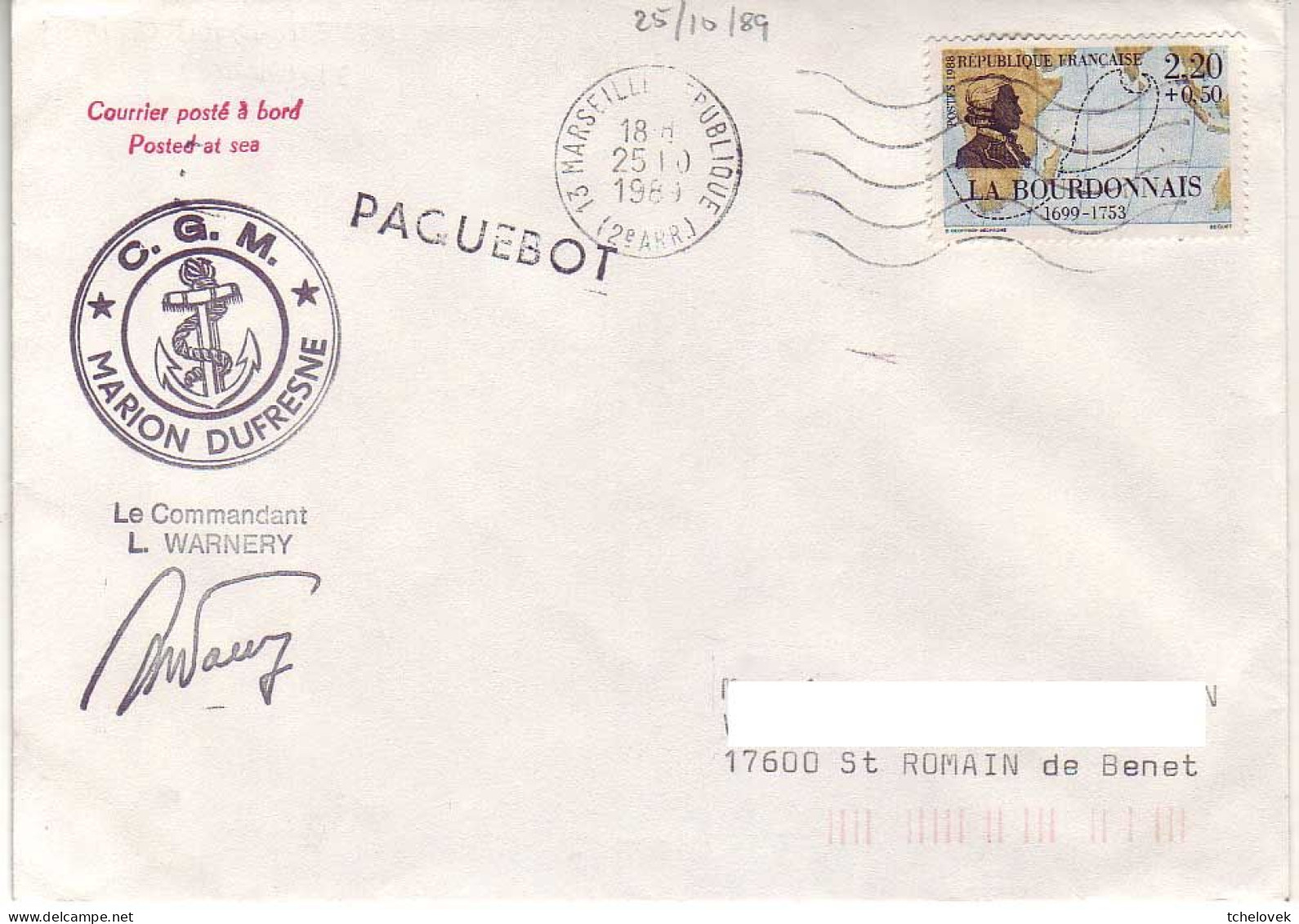 FSAT TAAF Marion Dufresne. 25.07.89 Marseille & 25.10.89 Marseille - Briefe U. Dokumente
