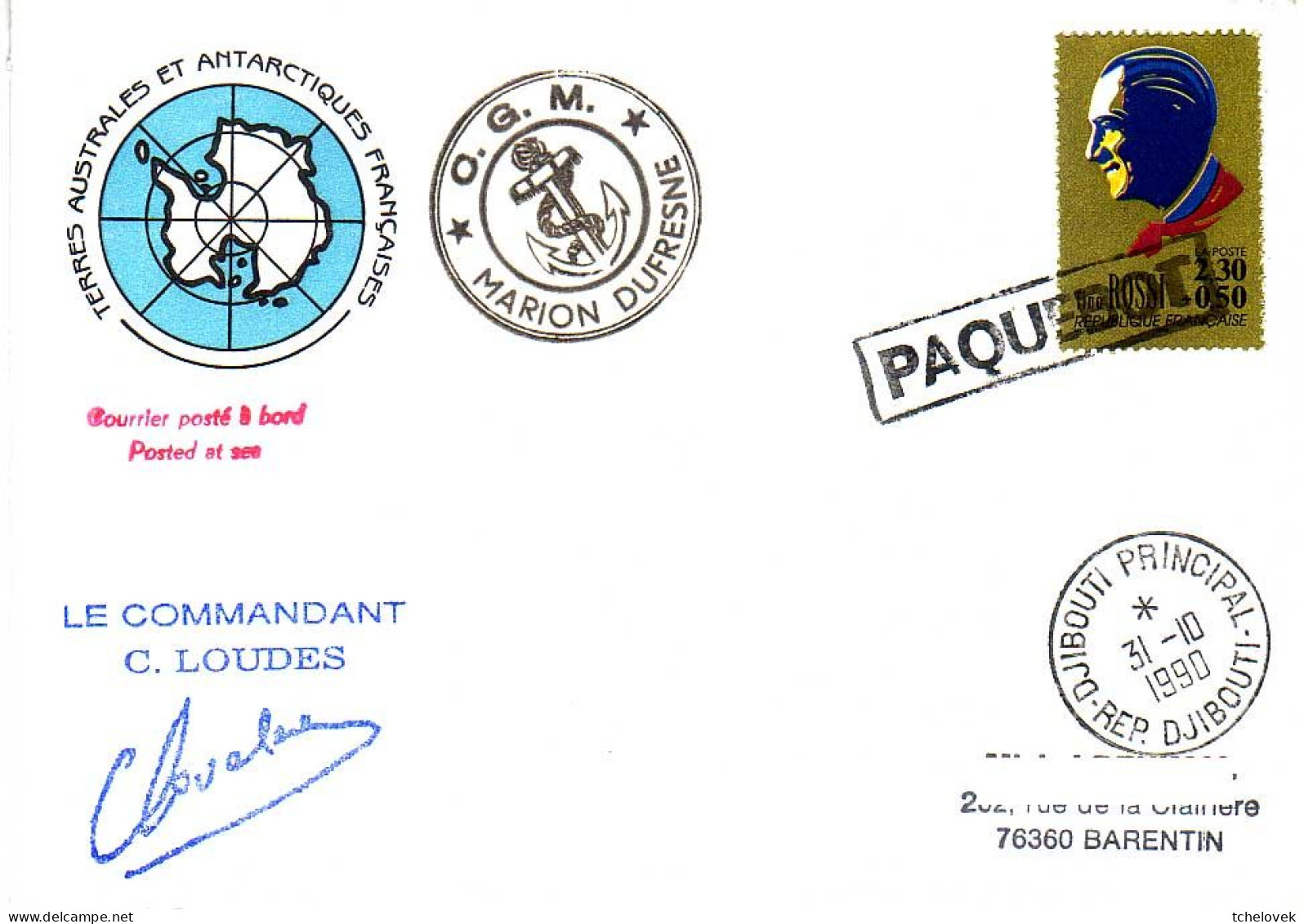 FSAT TAAF Marion Dufresne. 31.10.90 Djibouti - Cartas & Documentos