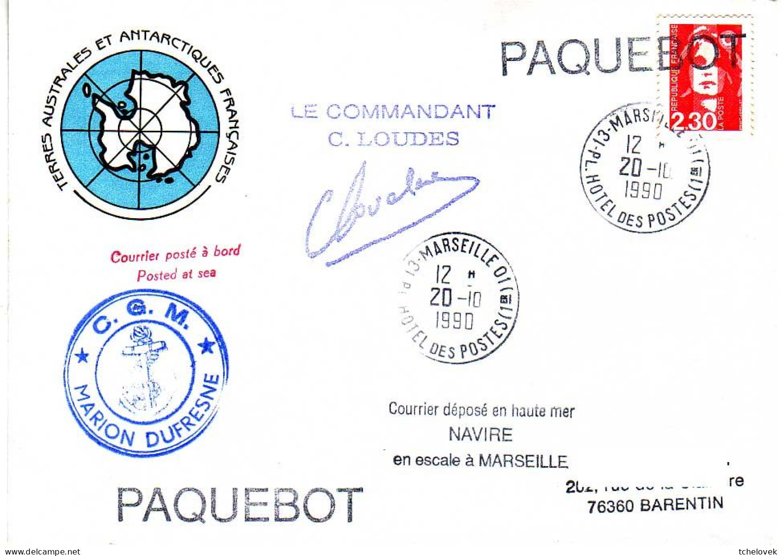 FSAT TAAF Marion Dufresne. 20.10.90 Marseille - Briefe U. Dokumente