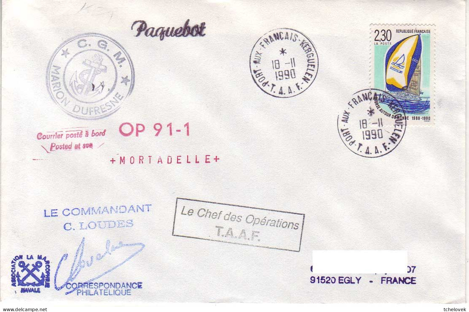 FSAT TAAF Marion Dufresne. 18.11.90 Kerguelen Op 91.1 Mortadelle - Covers & Documents