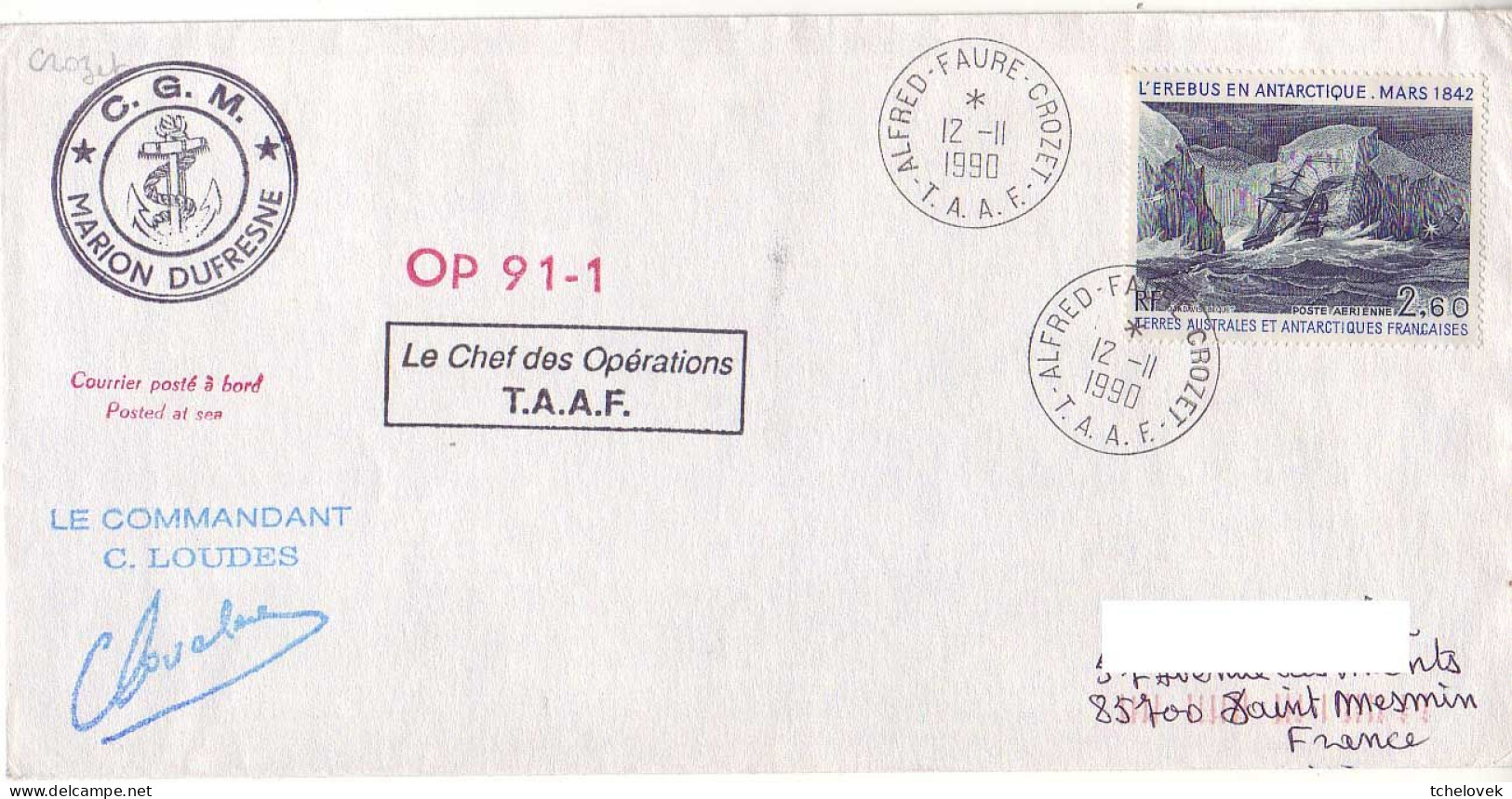 FSAT TAAF Marion Dufresne. 12.11.90 Crozet OP 91.1 Au Dos Arrivée Mesmin - Lettres & Documents