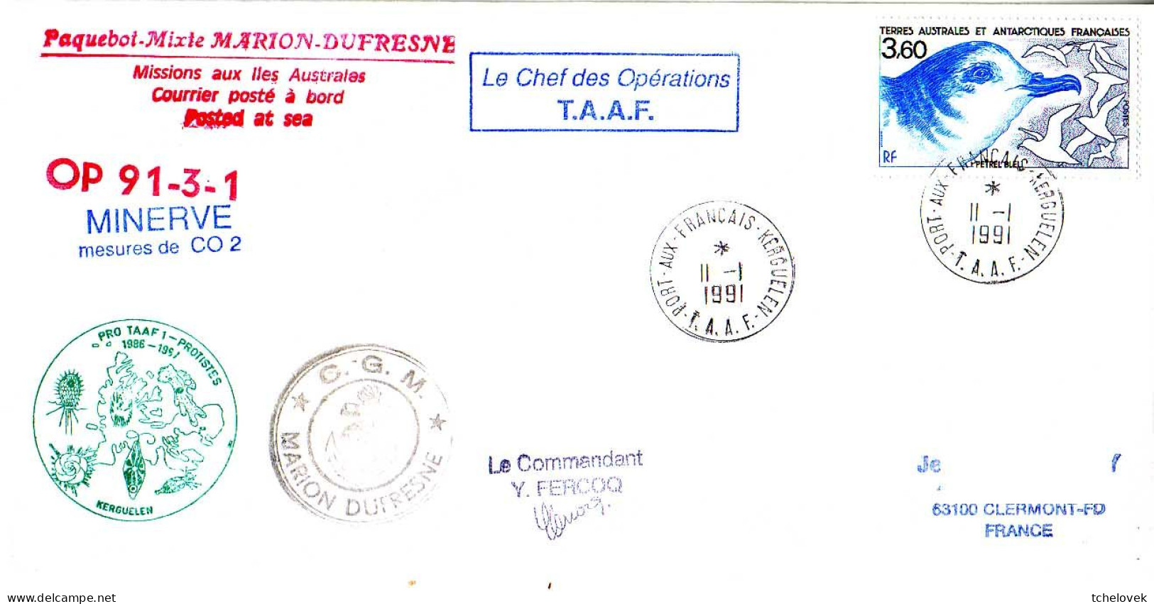 FSAT TAAF Marion Dufresne. 11.01.91 Kerguelen OP 91.3.1 Campagne Oceanographique Minerve - Cartas & Documentos