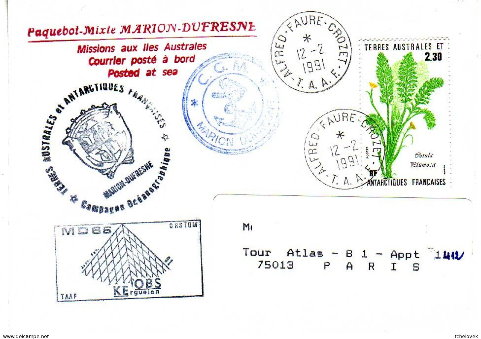 FSAT TAAF Marion Dufresne. 12.02.91 Crozet OP 91.3.1 Campagne Oceanographique MD66 Keobs - Lettres & Documents