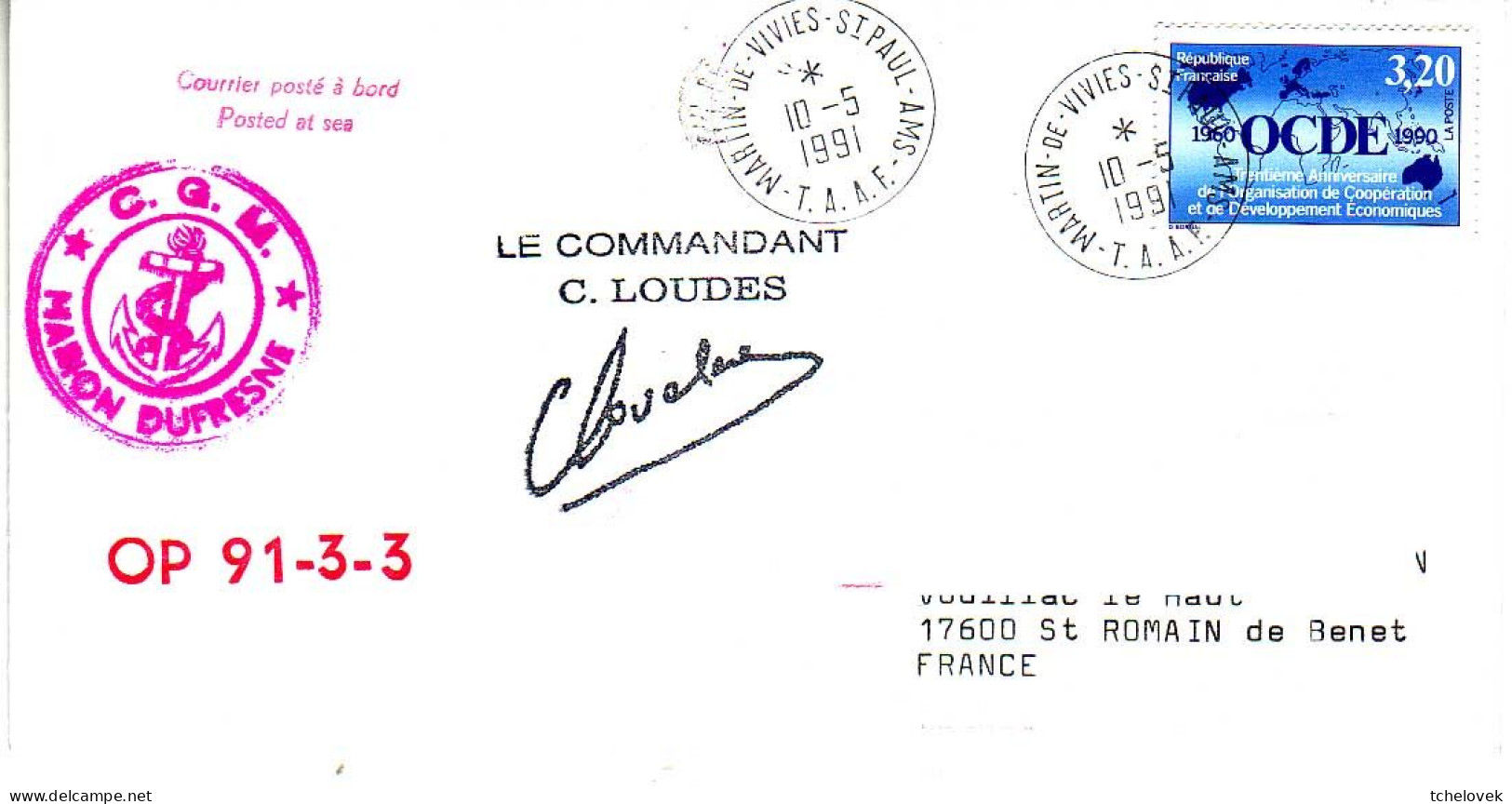 FSAT TAAF Marion Dufresne. 10.05.91 SPA OP 91.3.3 - Lettres & Documents