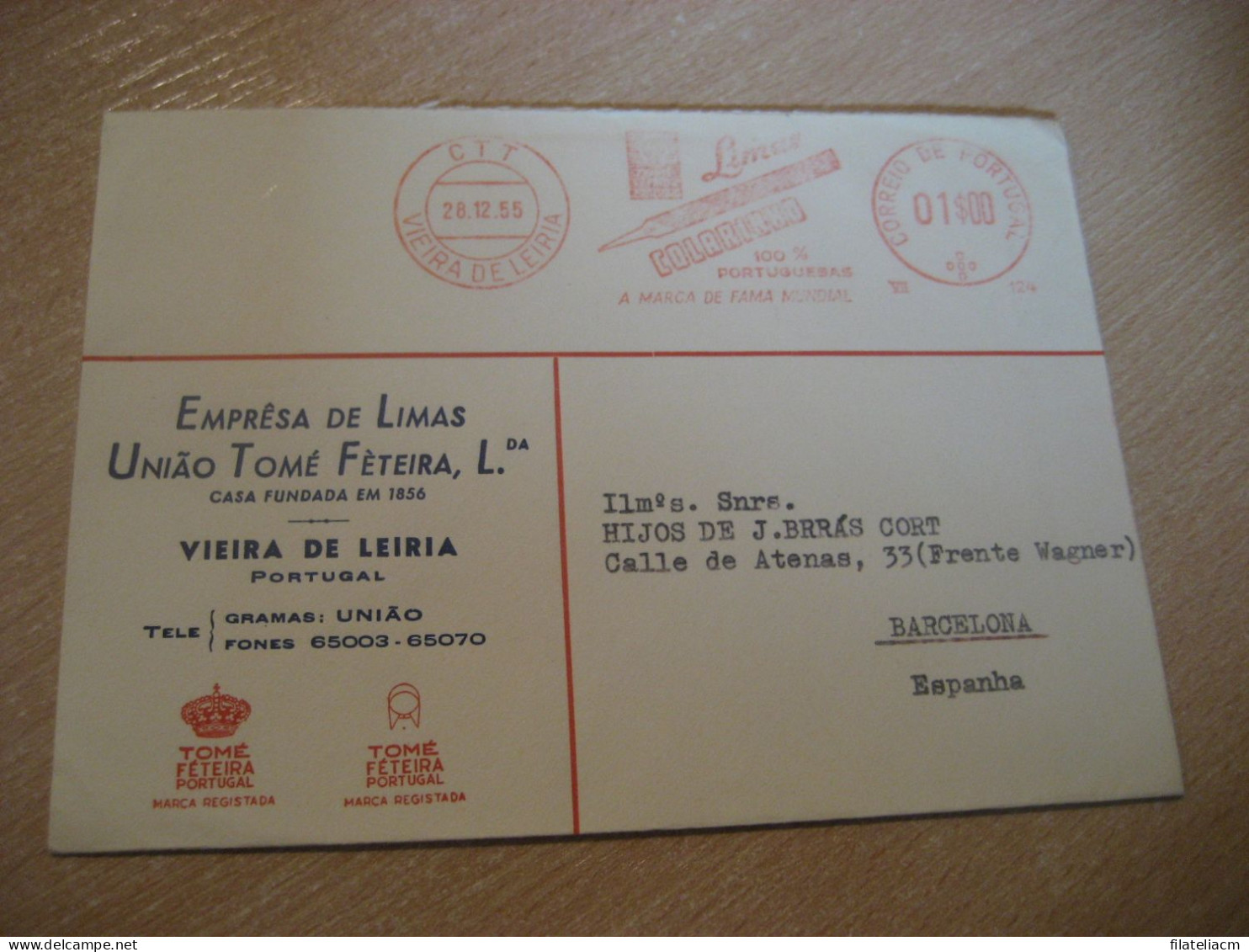VIEIRA DE LEIRIA 1955 To Barcelona Spain Limas Colarinho Meter Mail Cancel Cover PORTUGAL - Covers & Documents